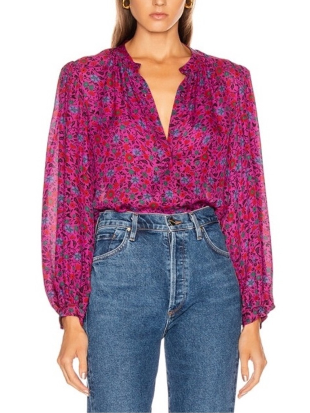 VERONICA BEARD Ashlynn 100% Silk Floral Long Sleeve Blouse Fuschia size 2